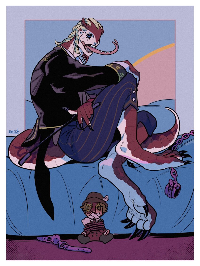 1boy animal_feet ball_gag bed black_coat black_eyes blonde_hair blue_background blue_pants blue_sclera braid chain claws coat coattails colored_sclera colored_skin cuffs digitigrade forked_tongue full_body gag gagged gagged_male glasgow_smile hand_on_own_knee highres holding holding_riding_crop holding_whip identity_v lizard_tail long_sleeves long_tongue looking_at_viewer luchino_(identity_v) male_focus multicolored_background multicolored_skin norton_campbell objectification official_alternate_costume on_bed open_mouth pants piercing purple_background red_scales red_skin reptile_boy riding_crop saichiidv scales sharp_teeth short_hair signature sitting slit_pupils solo striped_clothes striped_pants stuffed_toy tail teeth tongue tongue_out tongue_piercing