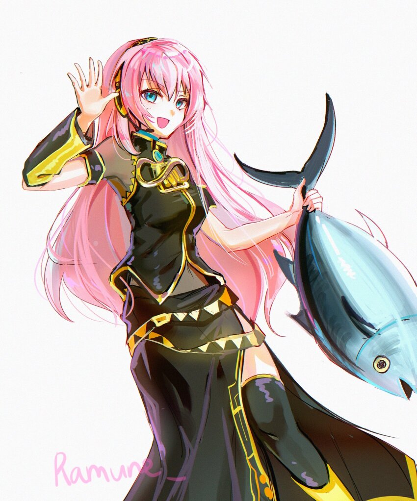 animal arm_up arm_warmers black_arm_warmers black_shirt black_skirt black_thighhighs blue_eyes breasts feet_out_of_frame fish hand_up highres holding holding_animal holding_fish long_hair long_skirt looking_at_viewer medium_breasts megurine_luka microphone open_mouth pink_hair ramune55ni shirt side_slit simple_background single_arm_warmer skirt thighhighs vocaloid white_background yellow_theme