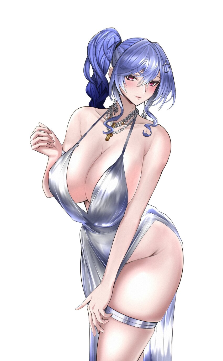 1girl alternate_costume azur_lane bare_shoulders blue_hair blush breasts cleavage collarbone dress earrings hair_ornament highres jewelry large_breasts looking_at_viewer necklace official_alternate_costume plunging_neckline ponytail purple_eyes sidelocks silver_dress simple_background solo st._louis_(azur_lane) st._louis_(luxurious_wheels)_(azur_lane) swavigg swept_bangs thigh_strap thighs white_background