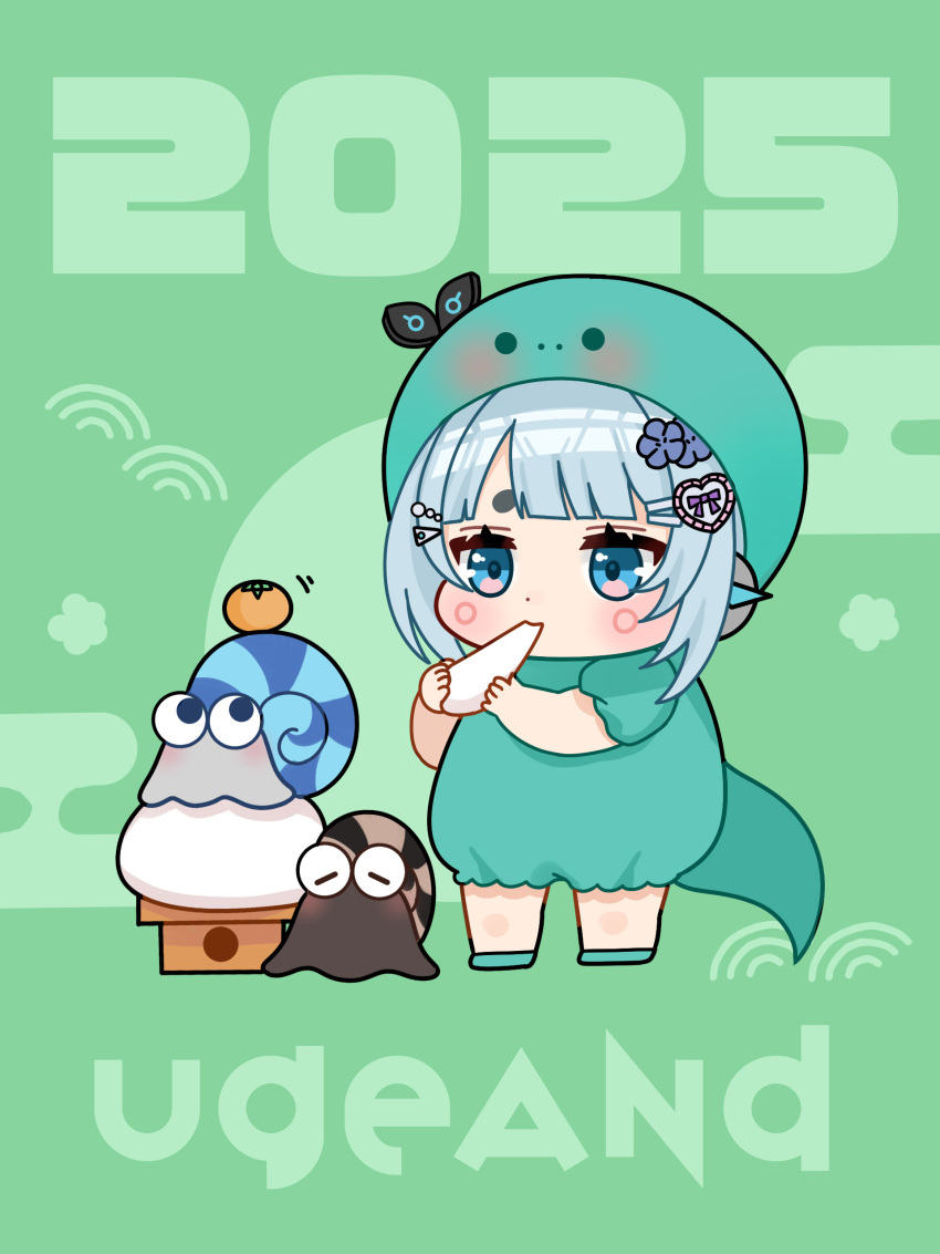 1girl 2025 absurdres alternate_costume and_uge animal_costume blue_eyes blush chibi chibi_only chinese_zodiac circle_facial_mark closed_mouth commentary eating food fruit full_body green_background grey_hair hair_ornament heart heart_hair_ornament highres kagami_mochi mandarin_orange mochi mochidzuki_chikage nanashi_inc. short_hair snail snake_costume solo standing symbol-only_commentary virtual_youtuber year_of_the_snake