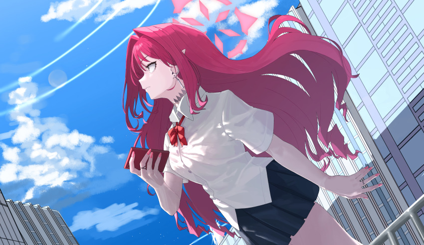 1girl absurdres baobhan_sith_(fate) black_skirt blue_archive blue_sky bow bowtie breasts cellphone choker cityscape collared_shirt earrings fate/grand_order fate_(series) grey_eyes halo highres jewelry large_breasts long_hair niwaikanai phone pink_hair pointy_ears shirt short_sleeves sidelocks skirt sky solo textless_version thighs tiara white_shirt