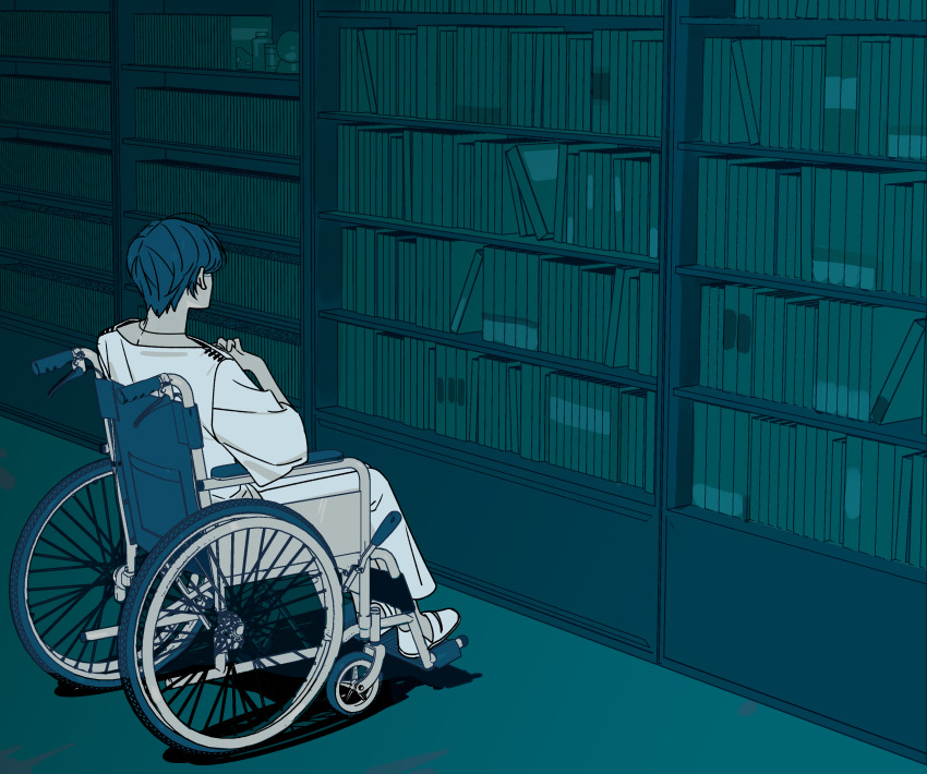 1boy absurdres blue_theme bookshelf commentary_request facing_away from_side full_body highres indoors maelo male_focus meguriya_ayumu monochrome own_hands_together shirt short_hair sitting solo toshi_densetsu_kaitai_center wheelchair