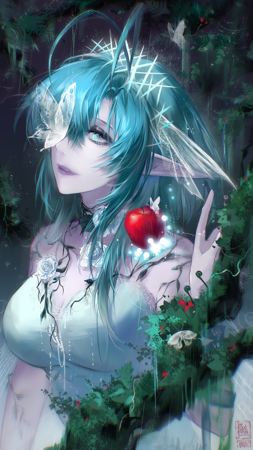 1girl absurdres antenna_hair apple aqua_eyes aqua_hair artist_logo breasts bug butterfly butterfly_over_eye cleavage dress fern flower food fruit hair_over_one_eye highres insect ko_no_maoyu_da logo long_hair mantis_(path_to_nowhere) moss moth official_alternate_costume pale_skin parted_lips path_to_nowhere plant pointy_ears rose smile solo upper_body vines white_butterfly white_dress white_flower white_rose