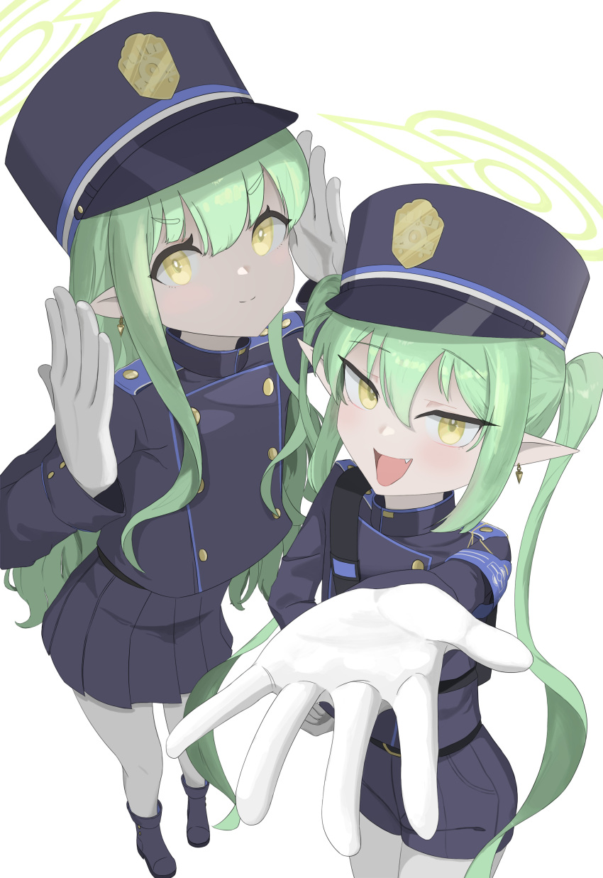 2girls absurdres armband blue_archive blue_armband blue_hat blue_shoes blue_shorts blue_skirt boots child closed_mouth earrings fang gloves green_hair green_halo hair_between_eyes halo hat highres hikari_(blue_archive) jewelry long_hair long_sleeves looking_at_viewer mesugaki moolmangchyo multiple_girls nozomi_(blue_archive) open_mouth pantyhose peaked_cap pleated_skirt pointy_ears shoes shorts simple_background skirt smile standing train_conductor twintails white_background white_gloves white_pantyhose yellow_eyes