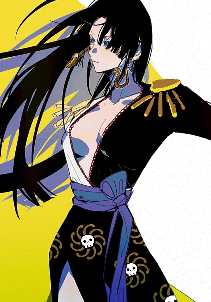 1girl black_hair blue_eyes blunt_ends boa_hancock breasts cleavage closed_mouth colored_shadow commentary_request cowboy_shot dress earrings epaulettes floating_hair highres jewelry long_hair looking_to_the_side medium_breasts one_piece one_piece:_stampede onecata11 purple_sash sash shadow snake_earrings solo two-tone_background two-tone_dress white_background yellow_background