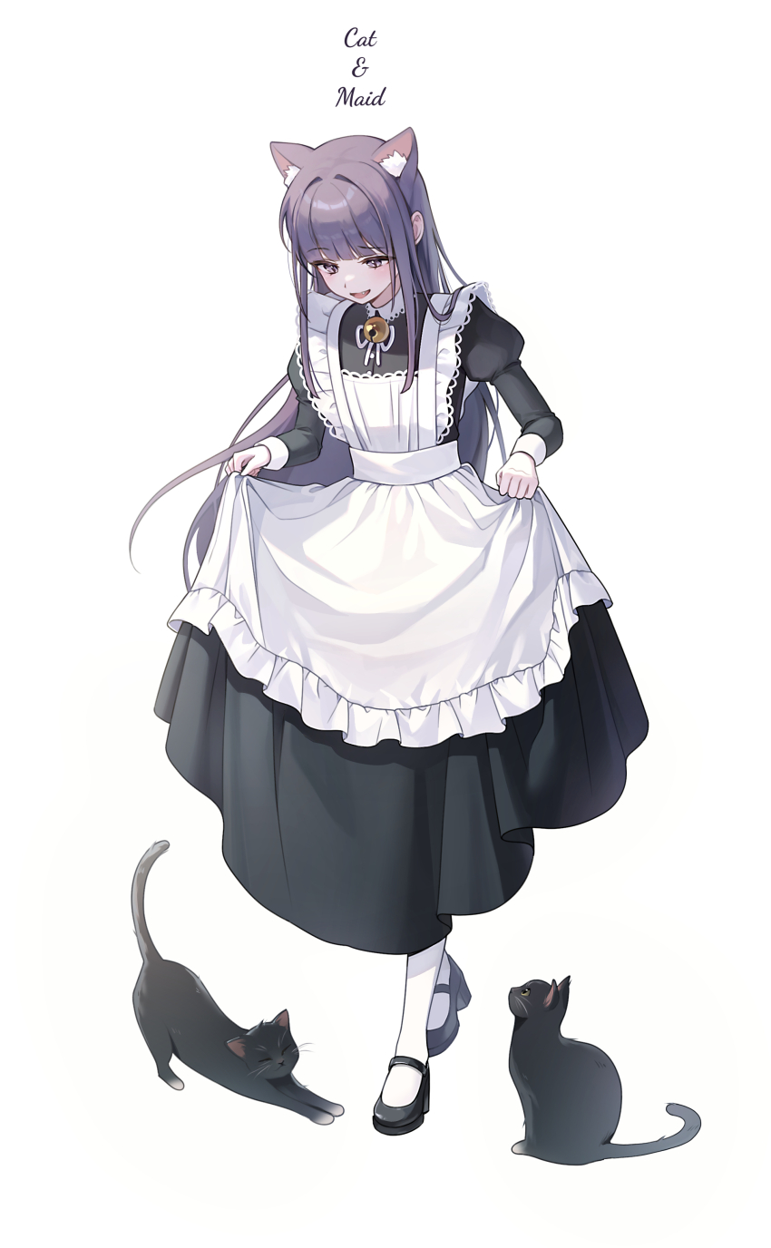 1girl absurdres animal_ear_fluff animal_ears apron bell black_dress black_shoes blunt_bangs blush cat cat_ears cat_girl dress fang gloria_(gloriao3o) highres jingle_bell long_hair looking_at_animal maid maid_apron neck_bell open_mouth original pantyhose purple_eyes purple_hair ribbon shoes sidelocks skirt_hold solo white_pantyhose white_ribbon