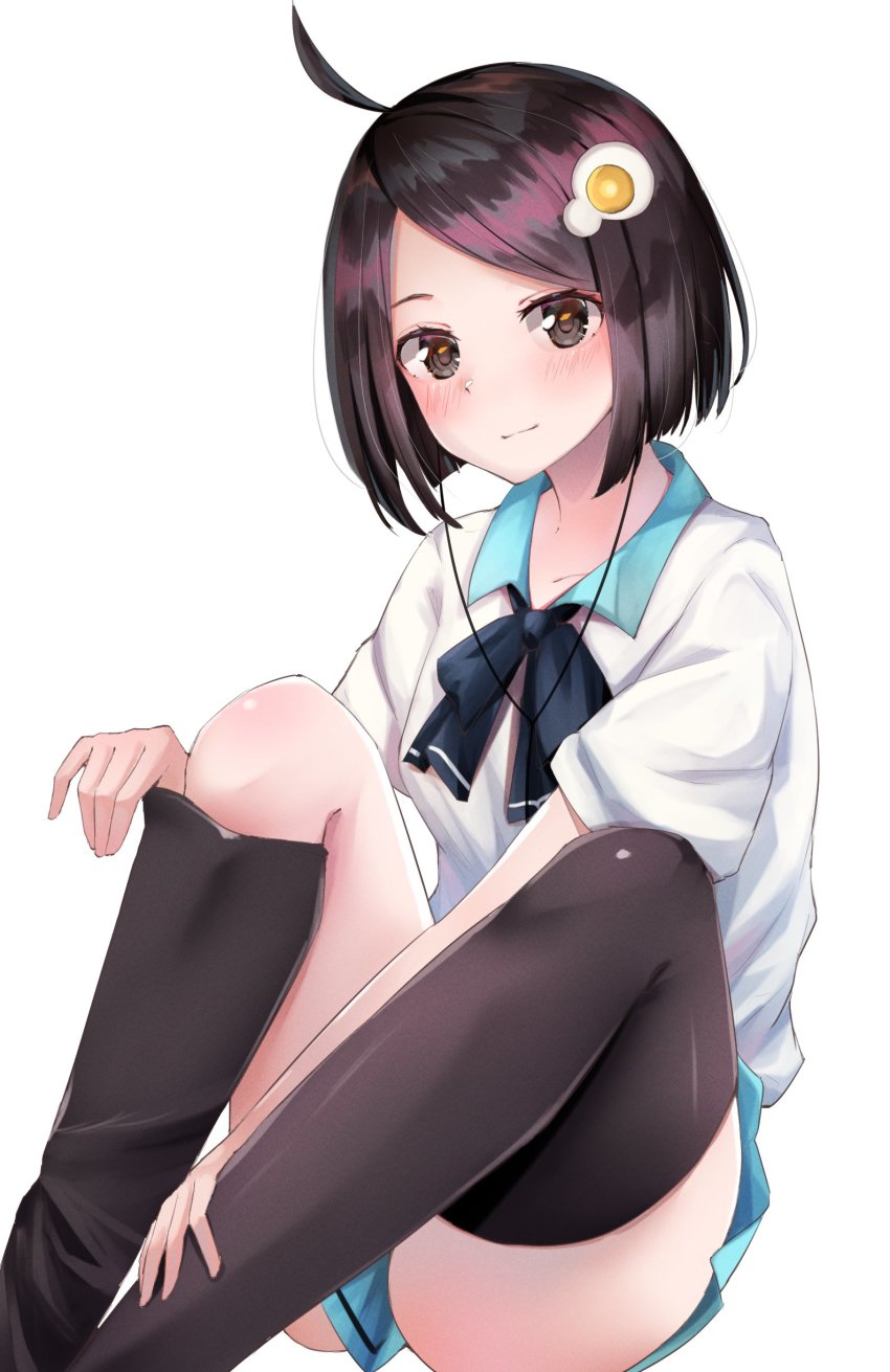 1girl absurdres adjusting_sock ahoge araragi_tsukihi between_legs black_hair black_socks blue_bow blue_bowtie blue_skirt blush bob_cut bow bowtie breasts brown_eyes collarbone commentary earbuds earphones egg_(food) egg_hair_ornament food food-themed_hair_ornament fried_egg hair_ornament hair_strand hand_between_legs highres knees_up light_smile listening_to_music looking_at_viewer monogatari_(series) pleated_skirt school_uniform shirt short_hair simple_background sitting skirt small_breasts socks solo swept_bangs tsuganoki_second_junior_high_school_uniform white_background white_shirt yuunamida_uyu