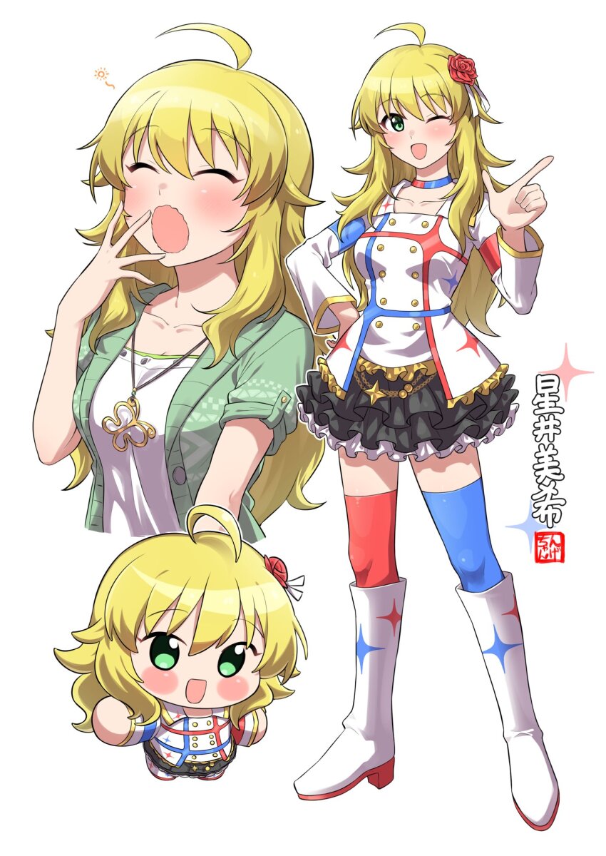 1girl ahoge asymmetrical_legwear black_skirt blonde_hair blue_choker blue_thighhighs blush breasts butterfly_necklace cardigan character_name chibi choker closed_eyes cropped_torso flower frilled_skirt frills full_body green_cardigan green_eyes hair_flower hair_ornament hand_on_own_hip hand_up highres hoshii_miki idolmaster idolmaster_(classic) idolmaster_million_live! idolmaster_million_live!_theater_days idolmaster_movie long_hair long_sleeves looking_at_viewer mismatched_legwear mismatched_thighhighs multiple_views ngetyan one_eye_closed open_mouth print_boots print_shirt red_choker red_flower red_rose red_thighhighs rose shirt short_sleeves simple_background skirt smile standing starpiece_memories_(idolmaster) thighhighs two-tone_choker white_background white_shirt yawning