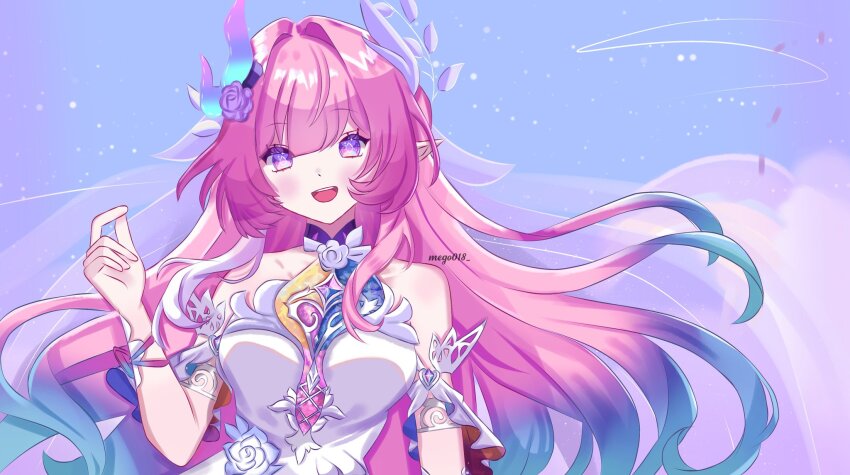 1girl 36mego aqua_hair bare_shoulders blue_sky breasts commentary cyrene_(honkai:_star_rail) cyrene_(ripples_of_past_reverie)_(honkai:_star_rail) diamond-shaped_pupils diamond_(shape) dress flower hair_flower hair_ornament highres honkai:_star_rail honkai_(series) large_breasts long_hair looking_at_viewer multicolored_hair open_mouth pink_hair pointy_ears purple_eyes sky smile solo symbol-shaped_pupils twitter_username upper_body very_long_hair white_dress white_hair