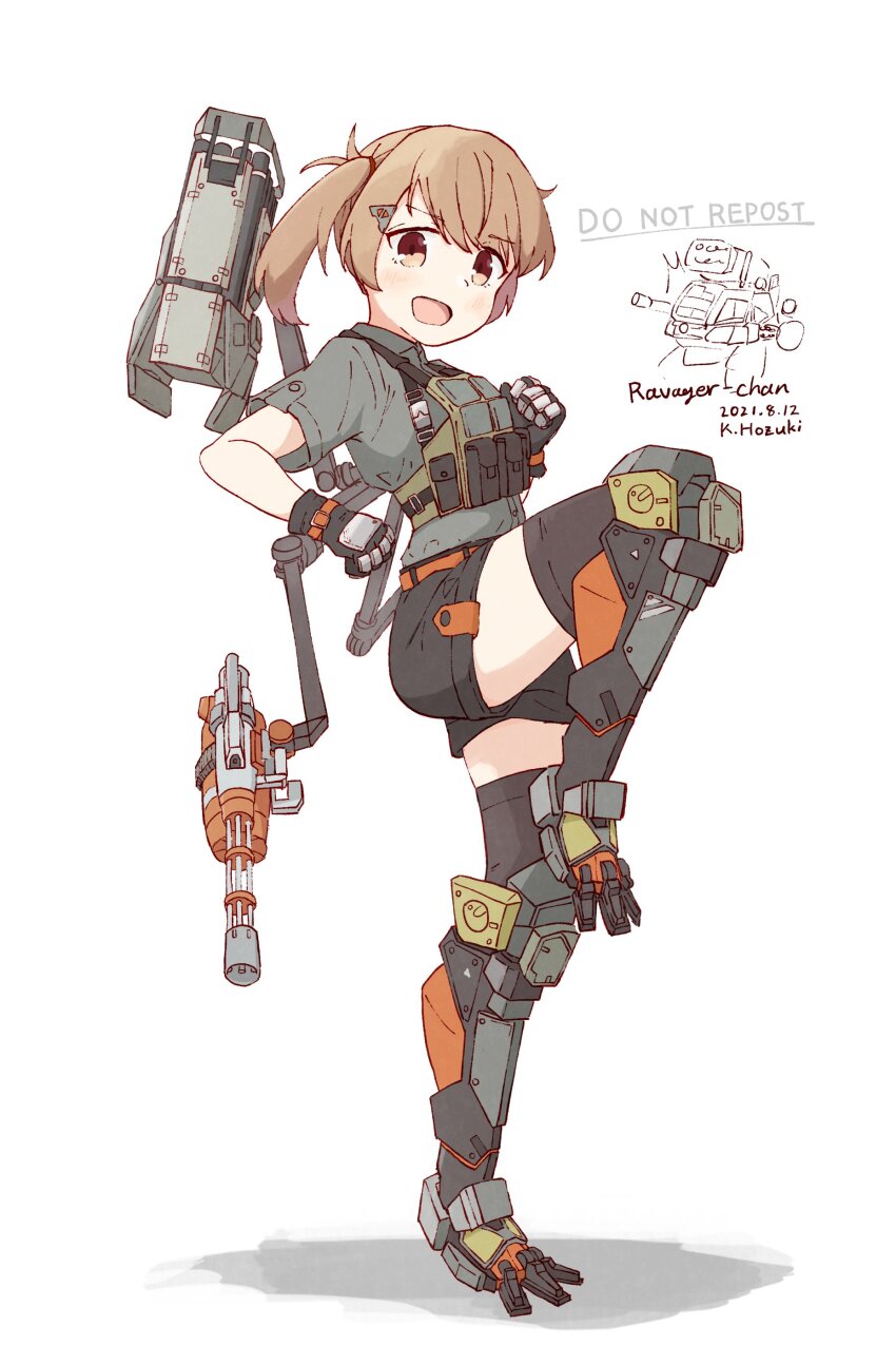 1girl :d absurdres ammunition_pouch battle_of_titans belt black_shorts blonde_hair brown_eyes bulletproof_vest clawed_boots exoskeleton gatling_gun gloves hair_ornament hairclip highres hozukikasumi light_brown_hair mecha_musume mechanical_legs mechabare minigun multishot_rocket_launcher open_mouth personification pouch ravager_(battle_of_titans) rocket_launcher shorts side_ponytail smile standing standing_on_one_leg strap thighhighs weapon white_background