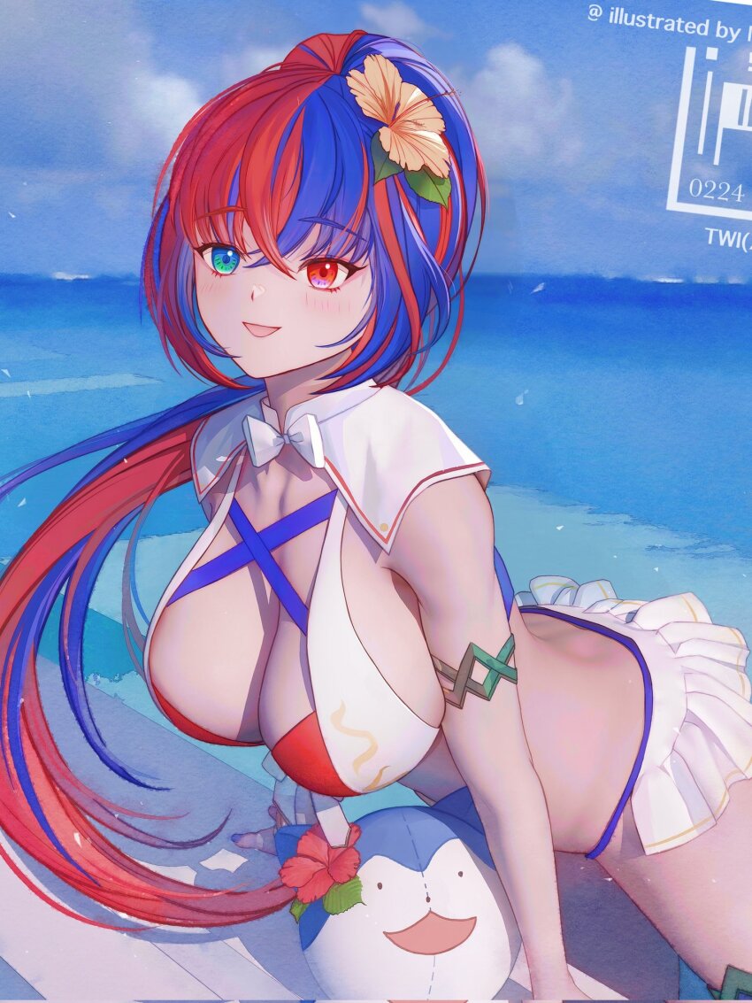 1girl bikini blue_bikini blue_eyes blue_hair breasts character_ball cleavage criss-cross_halter crossed_bangs female_alear_(fire_emblem) female_alear_(seaside_dragon)_(fire_emblem) fire_emblem fire_emblem_engage fire_emblem_heroes flower gold_armlet gold_thighlet hair_flower hair_ornament halterneck heterochromia highres irisl large_breasts long_hair multicolored_bikini multicolored_hair multicolored_swimsuit nintendo ocean official_alternate_costume official_alternate_hairstyle open_mouth red_bikini red_eyes red_hair showgirl_skirt sideboob sommie_(fire_emblem) split-color_hair swimsuit two-tone_hair very_long_hair white_bikini