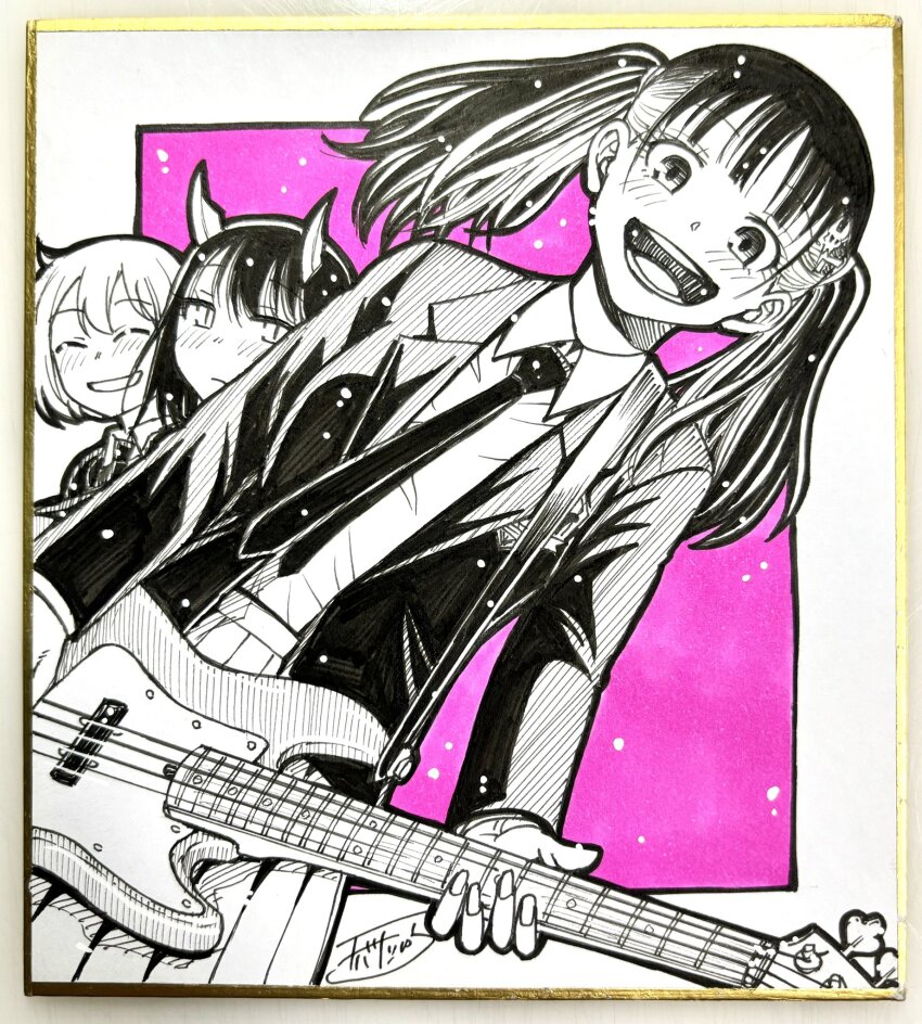 3girls aoki_ruri bass_guitar chiba_toshirou closed_eyes collared_shirt dragon_horns greyscale_with_colored_background hagiwara_yuka highres horns instrument jacket kashiro_airi looking_at_viewer multiple_girls necktie open_mouth photo_(medium) ruri_dragon school_uniform shikishi shirt short_hair skirt smile solo_focus traditional_media twintails