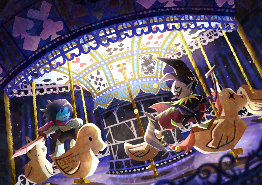 1boy 1other :| absurdres ace_(playing_card) androgynous armor black_cape black_headwear black_sclera blue_hair blue_skin breastplate cape card carousel child closed_mouth clown clown_boy club_(shape) colored_sclera colored_skin commentary_request covered_eyes deltarune diamond_(shape) dutch_angle expressionless fang from_side gauntlets gloves greaves grey_skin hat heart highres holding holding_scythe jester jester_boy jester_cap jevil king_(playing_card) kris_(deltarune) looking_at_another open_mouth playing_card pointy_ears purple_cape purple_gloves scenery scythe shaded_face short_hair spade_(shape) standing tongue tongue_out two-sided_fabric watawata22 wide_shot