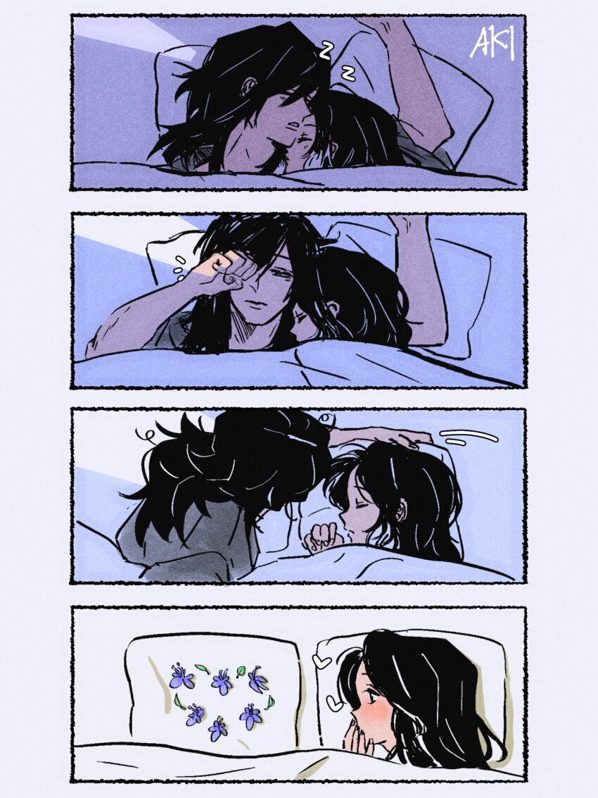 1boy 1girl akim0tion arm_around_neck black_hair blue_flower blush border closed_eyes couple flower grey_shirt hair_between_eyes half-closed_eyes hand_to_own_mouth hetero highres kimetsu_no_yaiba kochou_shinobu long_hair messy_hair parted_bangs pillow rubbing_eyes shirt sleeping tomioka_giyuu under_covers white_border zzz
