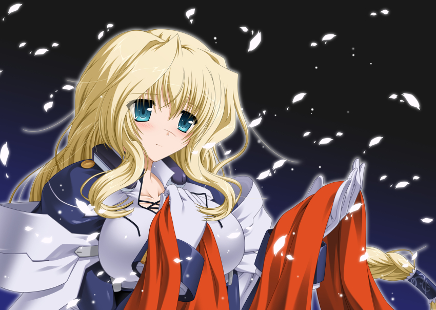 1girl blonde_hair blush bodysuit braid breasts fana female_focus gloves highres kyoukaisenjou_no_horizon large_breasts long_hair mary_stuart petals scar scarf single_braid solo