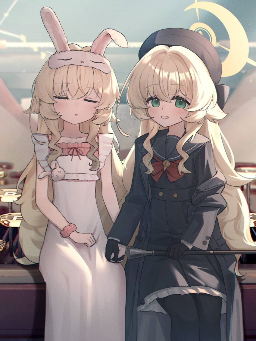 2girls animal_ears arm_scrunchie beret black_coat black_gloves black_hat black_pantyhose black_sailor_collar black_serafuku black_shirt black_skirt blonde_hair blue_archive bow bowtie cane ciza_gomi clenched_hand closed_eyes coat collarbone dress dual_persona fake_animal_ears frilled_skirt frills gloves green_eyes hair_between_eyes hair_intakes halo hat highres holding holding_cane holding_hands long_hair looking_at_viewer multiple_girls open_clothes open_coat open_mouth original pantyhose polish_commentary professor_niyaniya_(blue_archive) rabbit_ears red_bow red_bowtie red_ribbon ribbon sailor_collar school_uniform serafuku shirt side_ahoge sidelocks sitting skirt smile teeth typewriter very_long_hair white_dress yellow_halo
