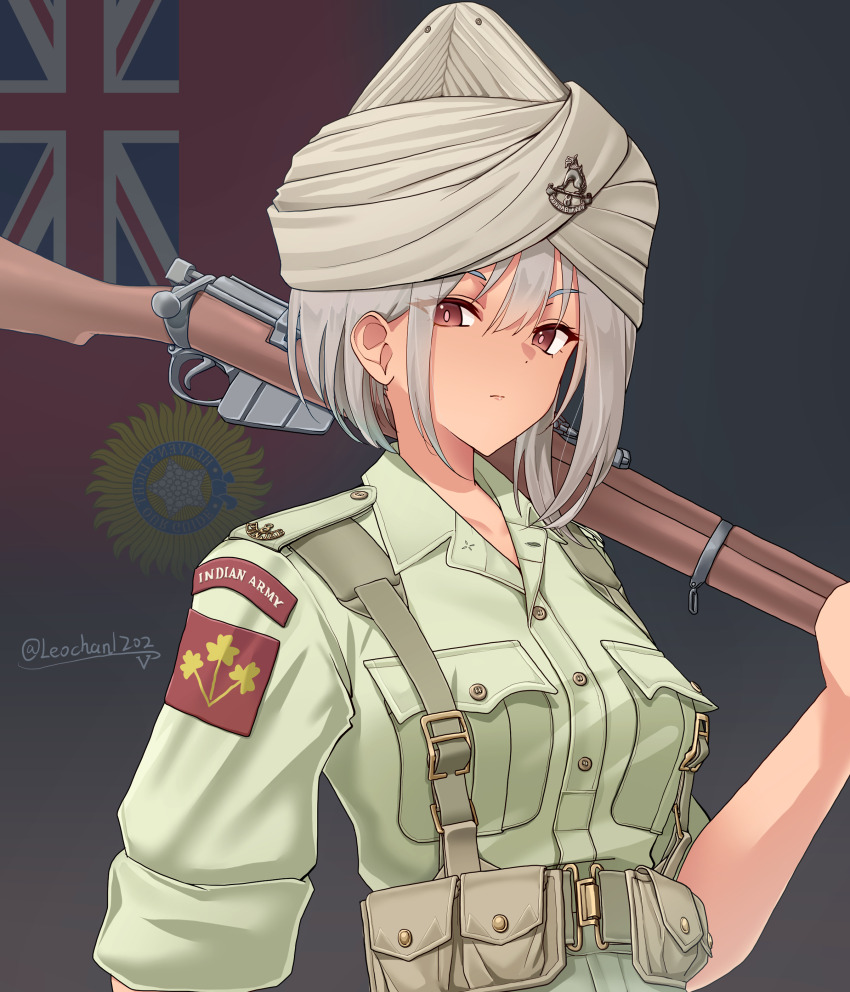 1girl absurdres artist_name belt bolt_action breast_pocket commentary flag_background green_belt green_shirt grey_hair gun highres holding holding_gun holding_weapon india indian_flag lee-enfield leochan1202 looking_at_viewer military military_uniform original patch pocket red_eyes rifle shirt shoulder_patch sleeves_rolled_up solo turban union_jack upper_body weapon world_war_ii
