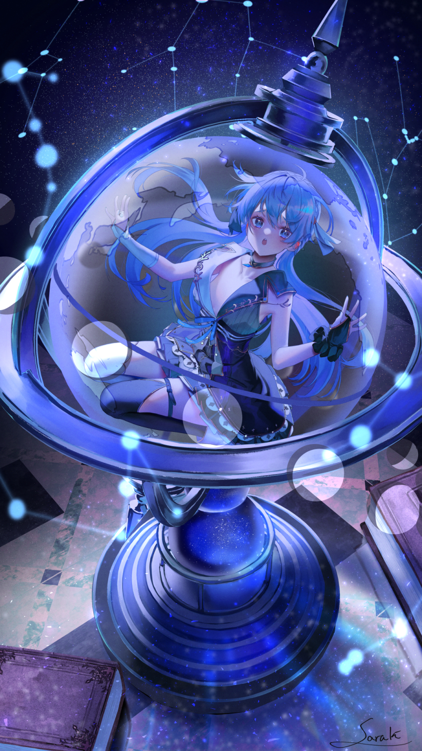 1girl ahoge blue_eyes blue_hair blue_ribbon blue_skirt blush book bridal_gauntlets cancer_(constellation) constellation floating_hair full_body gemini_(constellation) globe high-waist_skirt highres long_hair looking_at_viewer open_mouth original oversized_object ribbon saraki shirt signature skirt sleeveless sleeveless_shirt solo taurus_(constellation) thighhighs very_long_hair