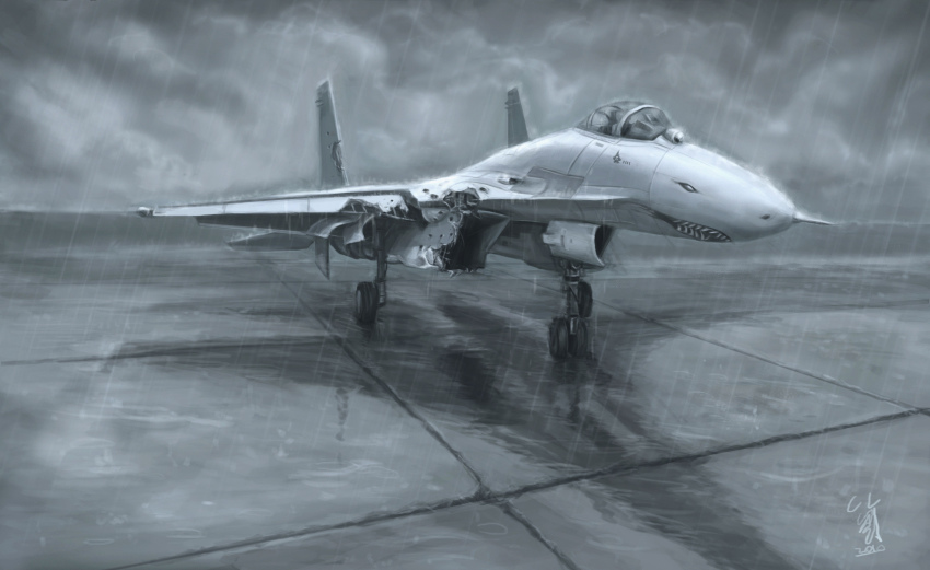 ace_combat ace_combat_assault_horizon aircraft airplane airport andrei_markov damaged fighter_jet highres landing_gear military military_vehicle no_humans nose_art pvtskwerl rain realistic shark_nose_art signature su-35 vehicle_focus