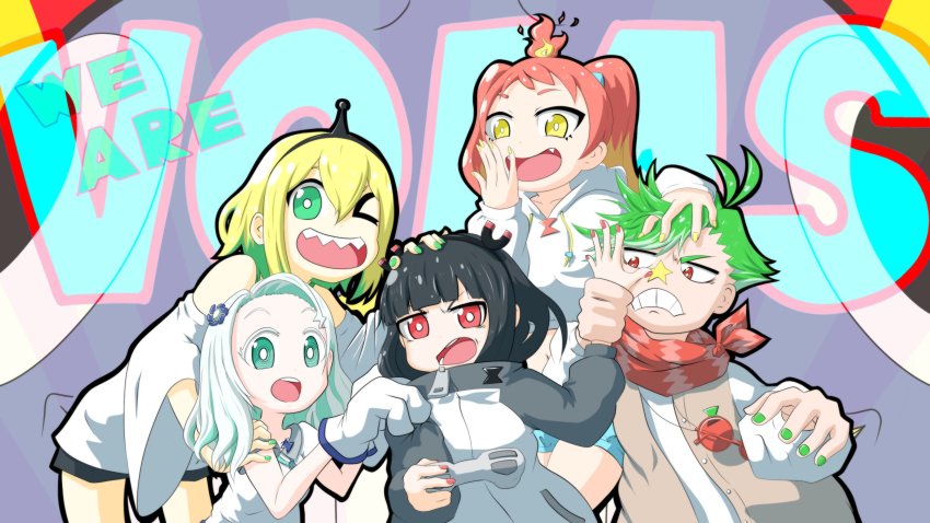 2boys 4girls amano_pikamee angry antenna_hair bare_shoulders beige_jacket bird black_hair black_hairband black_outline blonde_hair blue_fur blue_shorts blunt_bangs clenched_teeth controller copyright_name crop_top daimonji_ryugon drawstring english_text eyebrows_hidden_by_hair eyewear_hang facial_mark fang fire frown game_controller glasses gloves green_eyes green_hair green_nails grey_jacket gyari_(bird) hair_ornament hairband hand_on_another&#039;s_face hand_on_another&#039;s_head hand_on_another&#039;s_shoulder hand_on_own_face haneuzu_miuneru high_collar highres hikasa_tomoshika holding holding_controller holding_game_controller hood hoodie jacket jersey jitomi_monoe logo long_hair long_sleeves looking_at_another looking_at_viewer magnet multicolored_background multicolored_hair multicolored_jacket multiple_boys multiple_girls nail_polish one_eye_closed open_mouth orange_hair outline oversized_gloves pasunekoru red-framed_eyewear red-tinted_eyewear red_background red_eyes red_hair red_nails red_scarf scarf sharp_teeth shirt short_hair shorts sleeveless sleeveless_jacket sleeves_past_wrists smile star_(symbol) sunburst sunburst_background sunglasses teeth time_paradox tinted_eyewear translucent twintails unworn_eyewear upper_teeth_only virtual_youtuber voms white_gloves white_hair white_hoodie white_jacket white_shirt wide_sleeves yellow_background yellow_eyes yellow_nails zipper_pull_tab
