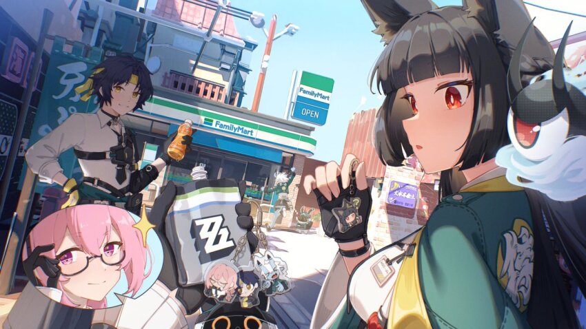 1boy 3girls animal_ears asaba_harumasa black_gloves black_hair blue_sky blunt_bangs charm_(object) cityscape closed_mouth fingerless_gloves fox_ears fox_girl glasses gloves green_jacket headband hoshimi_miyabi jacket jl_tan long_hair looking_at_another looking_at_viewer multiple_girls oni open_mouth outdoors parted_bangs pink_eyes pink_hair red_eyes shadow short_hair sidelocks sky smile soukaku_(zenless_zone_zero) sparkle tsukishiro_yanagi white_hair yellow_eyes yellow_headband zenless_zone_zero
