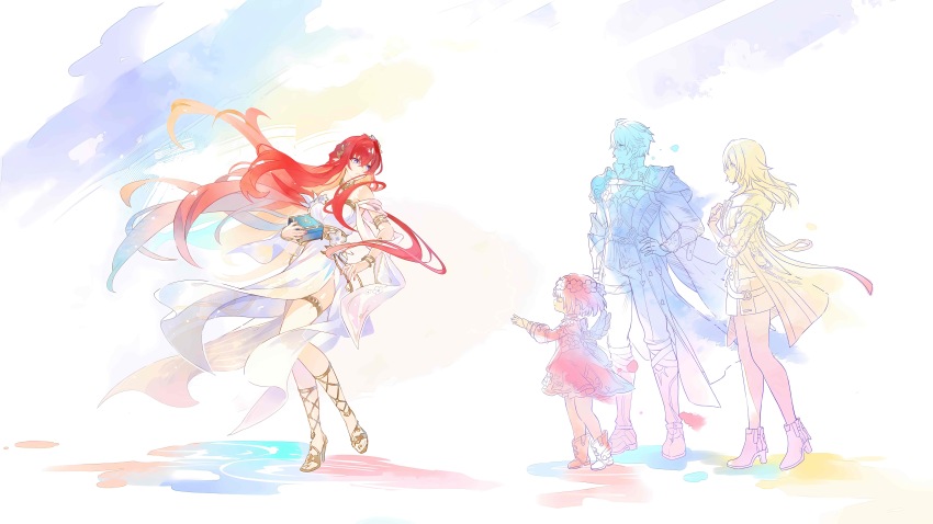 1boy 3girls absurdres ahoge angel_wings armlet armor bad_link bare_shoulders blue_eyes boots box bracelet choker dress floating_hair flower game_cg gloves gold_armlet gold_belt hair_flower hair_intakes hair_ornament hairband hand_on_own_chest hand_on_own_hip high_heel_boots high_heels highres holding holding_box honkai:_star_rail honkai_(series) incredibly_absurdres jacket jewelry long_hair looking_at_another looking_to_the_side multiple_girls official_art parted_lips pastel_colors phainon_(honkai:_star_rail) red_hair short_hair shoulder_armor sleeveless sleeveless_dress stelle_(honkai:_star_rail) thigh_strap trailblazer_(honkai:_star_rail) tribbie_(honkai:_star_rail) tribios_(honkai:_star_rail) very_long_hair white_dress wings