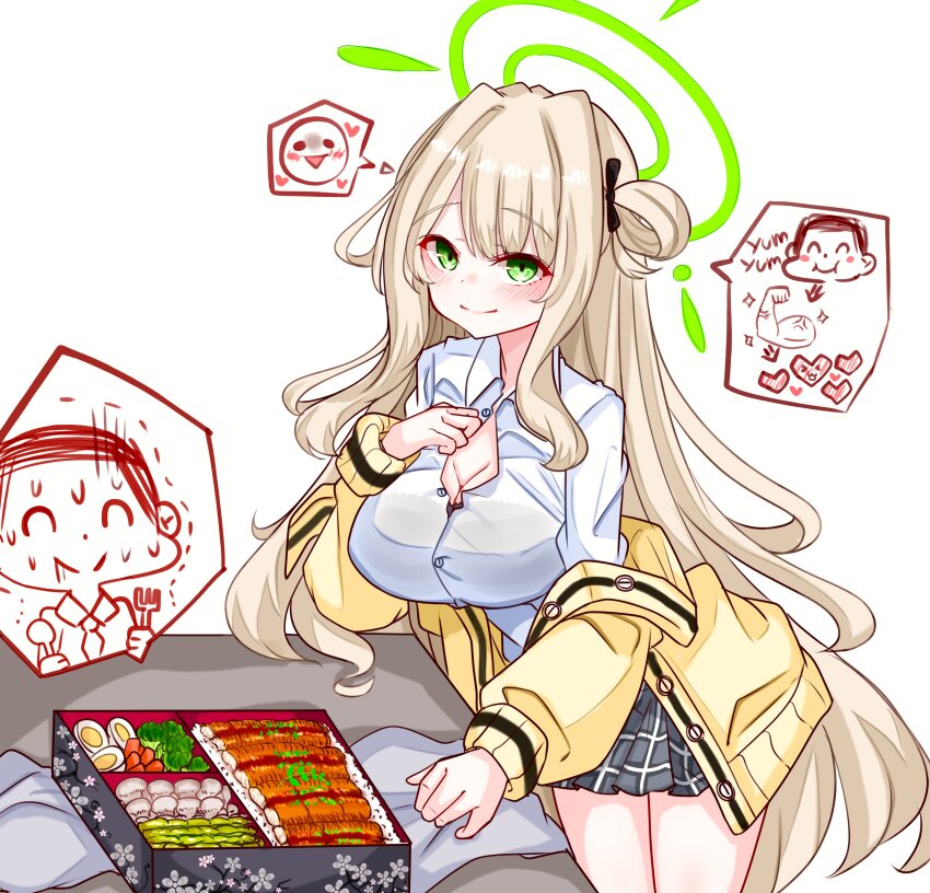 1boy 1girl absurdres bento blonde_hair blue_archive blush bow breasts cardigan cardigan_partially_removed cleavage commentary commentary_request doodle_sensei_(blue_archive) dress_shirt english_commentary fork green_eyes green_halo hair_bow hair_bun halo hand_on_own_chest heart highres holding holding_fork holding_spoon image_in_speech_bubble large_breasts long_hair looking_at_viewer mixed-language_commentary nonomi_(blue_archive) peroronti pleated_skirt sensei_(blue_archive) shirt simple_background single_side_bun skirt smile spoon sweat table trembling white_background white_shirt yellow_cardigan