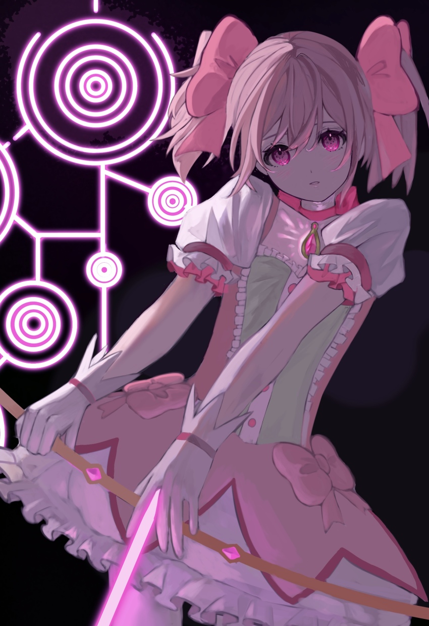 1girl arrow_(projectile) black_background bow bow_(weapon) bow_choker breasts bubble_skirt buttons center_frills chest_jewel choker collarbone commentary cowboy_shot dot_nose drawing_bow dress dress_bow energy_arrow expressionless eyelashes frilled_dress frilled_skirt frilled_sleeves frills gem gloves glowing_gem hair_between_eyes hair_bow highres holding holding_arrow holding_bow_(weapon) holding_weapon kabocha_(um_ci2x) kaname_madoka large_breasts looking_at_viewer loose_hair_strand magic_circle magical_girl mahou_shoujo_madoka_magica mahou_shoujo_madoka_magica_(anime) miniskirt parted_lips pink_bow pink_choker pink_dress pink_eyes pink_gemstone pink_hair pink_theme puffy_short_sleeves puffy_sleeves short_dress short_hair short_sleeves short_twintails simple_background skirt skirt_under_dress solo square_neckline standing tareme twintails weapon white_gloves white_skirt white_sleeves