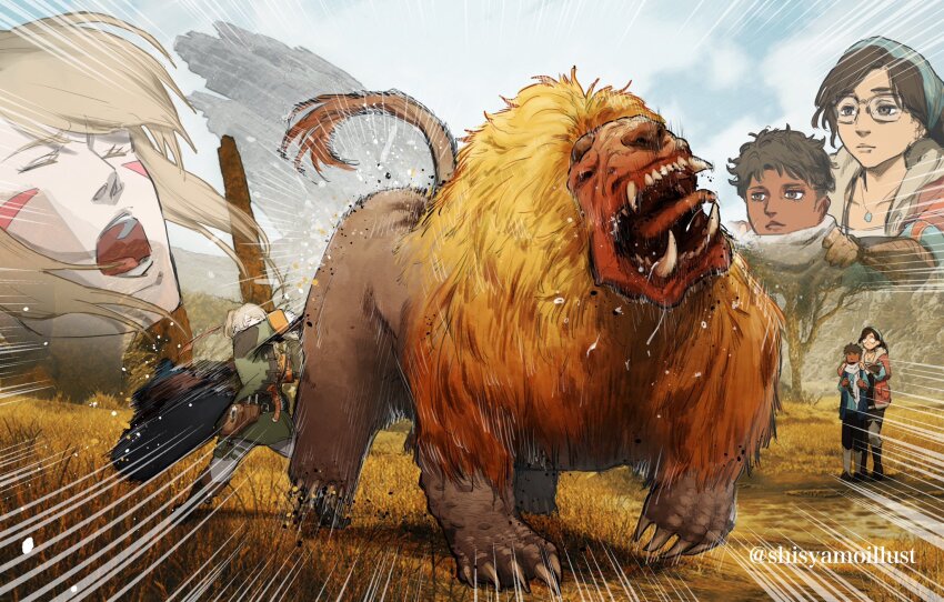 alma_(monster_hunter_wilds) blonde_hair blue_sky brown_hair cloud dark_skin doshaguma facial_mark glasses grass highres jewelry monster_hunter_(character) monster_hunter_(series) monster_hunter_wilds motion_lines nata_(monster_hunter_wilds) necklace pain shishamo_(shisyamo) sky speed_lines