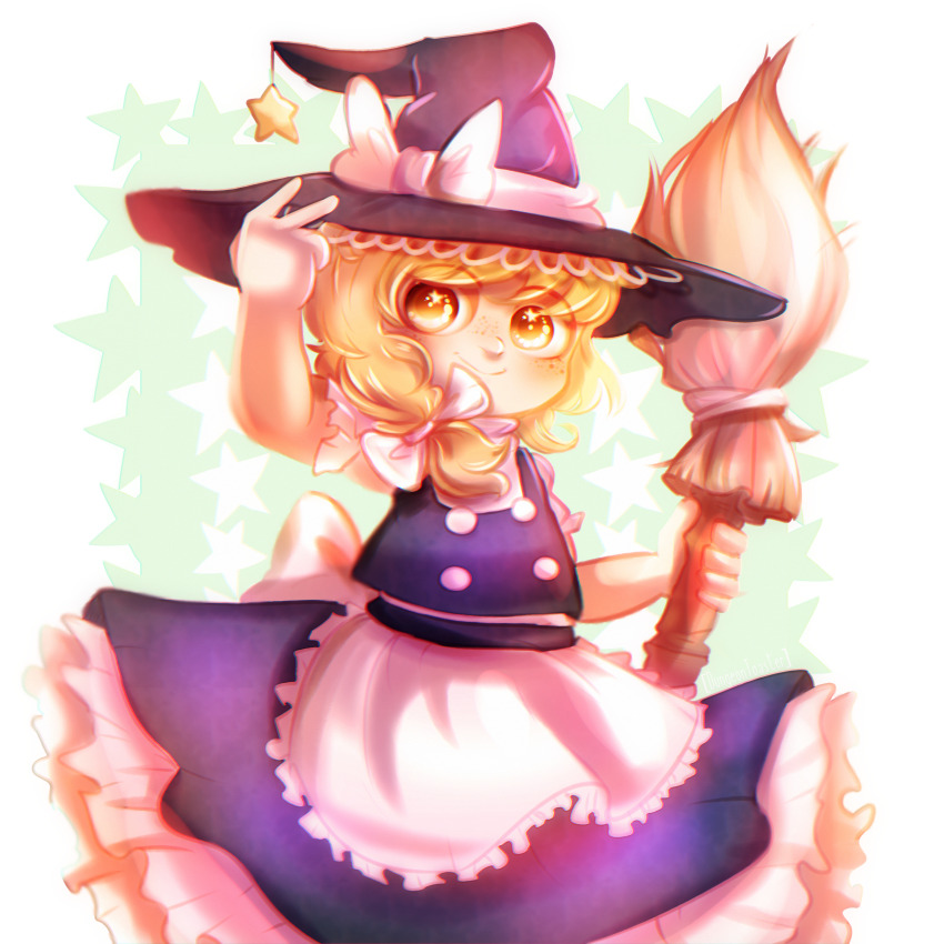 1girl absurdres apron black_hat black_skirt black_vest blonde_hair bow broom chibi closed_mouth commentary cowboy_shot dungeon_toaster english_commentary frilled_apron frilled_skirt frills hand_on_headwear hat hat_bow hat_ribbon highres holding holding_broom kirisame_marisa light_smile looking_at_viewer puffy_short_sleeves puffy_sleeves ribbon shirt short_sleeves skirt skirt_set solo star-shaped_pupils star_(symbol) star_symbol_background symbol-shaped_pupils touhou transparent_background vest waist_apron white_apron white_bow white_ribbon white_shirt witch_hat yellow_eyes