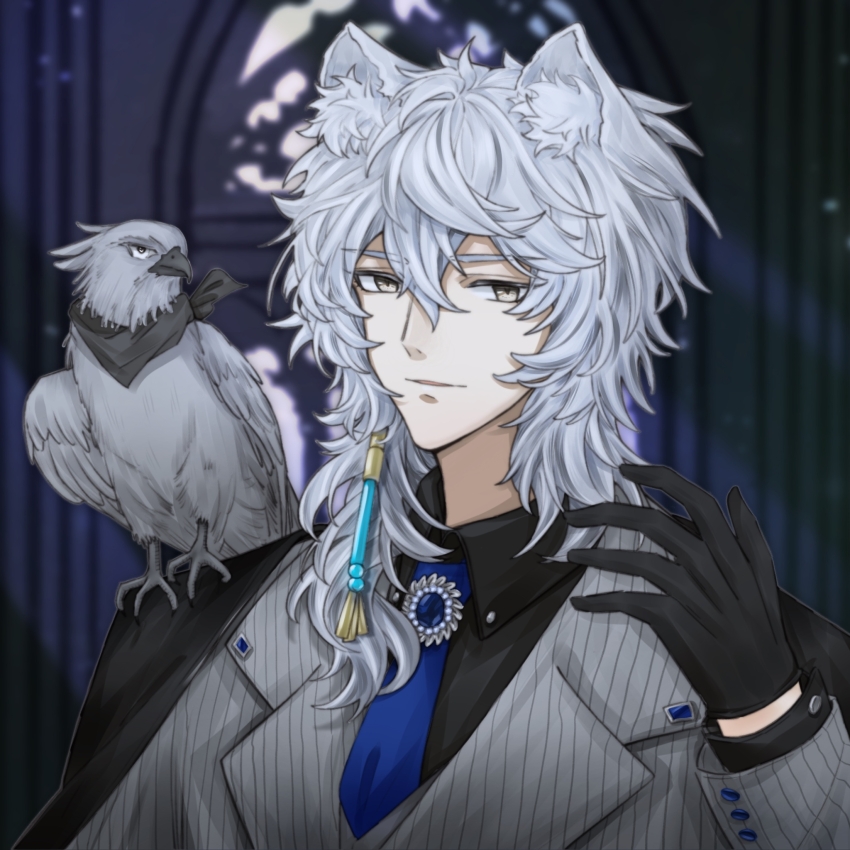 1boy ahoge animal_ears arknights bandana bird black_bandana black_gloves black_jacket black_shirt blue_necktie blurry blurry_background cat_boy cat_ears chinese_commentary collared_shirt commentary_request earrings gloves grey_eyes grey_jacket hair_between_eyes highres jacket jewelry ling7688 looking_at_viewer male_focus medium_hair messy_hair necktie parted_lips shirt silverash_(arknights) smile snow_leopard_boy snow_leopard_ears tenzin_(arknights) thick_eyebrows white_hair