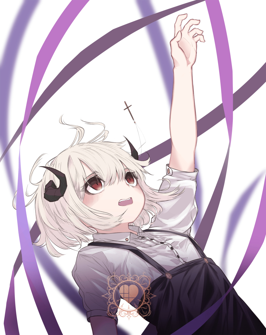 1girl absurdres arm_up black_skirt collared_shirt cross curled_horns demon_girl demon_horns high-waist_skirt highres horns latin_cross looking_up open_mouth original purple_ribbon red_eyes ribbon shirt short_hair short_sleeves skirt solo suspender_skirt suspenders upper_body white_background white_hair white_shirt yuzu_(yuzusuke10)