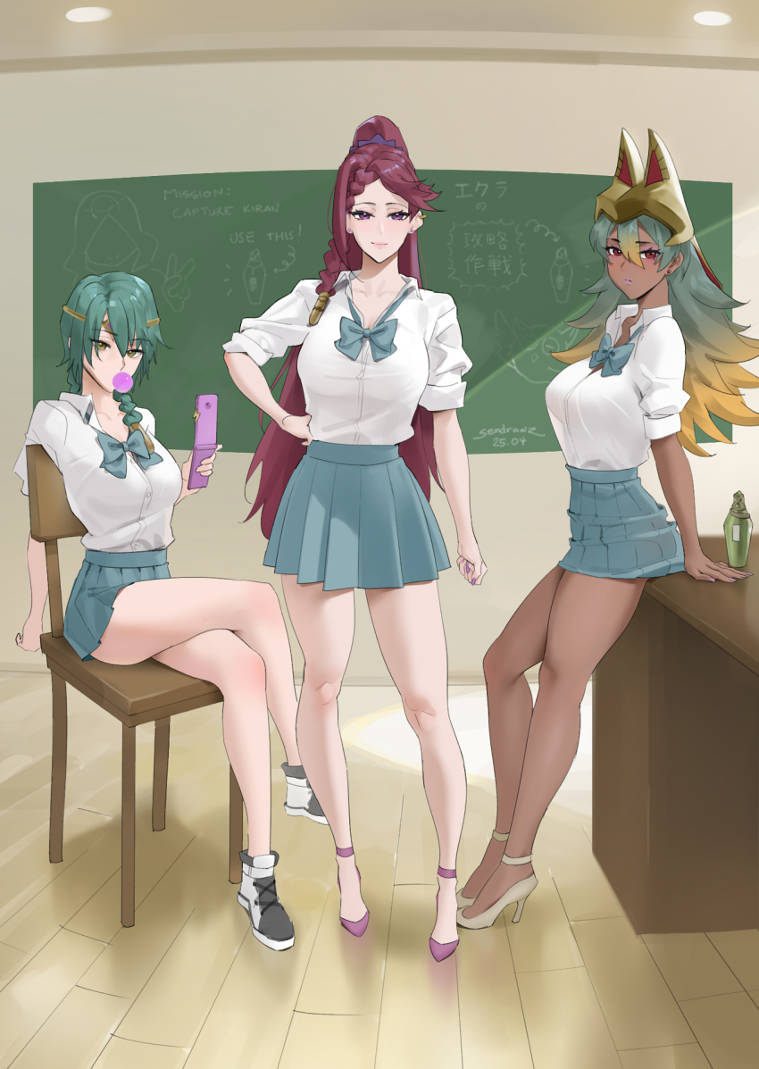 3girls breasts contemporary crossed_legs dark-skinned_female dark_skin feh_(fire_emblem_heroes) fire_emblem fire_emblem_heroes green_hair gyaru hand_on_own_hip high_heels highres kiran_(fire_emblem) laegjarn_(fire_emblem) laegjarn_(flame_ascendant)_(fire_emblem) large_breasts loki_(fire_emblem) looking_at_viewer medium_breasts multiple_girls nintendo official_alternate_hairstyle purple_eyes purple_hair school_uniform sendo_(sendrawz) sitting skirt standing thorr_(fire_emblem)