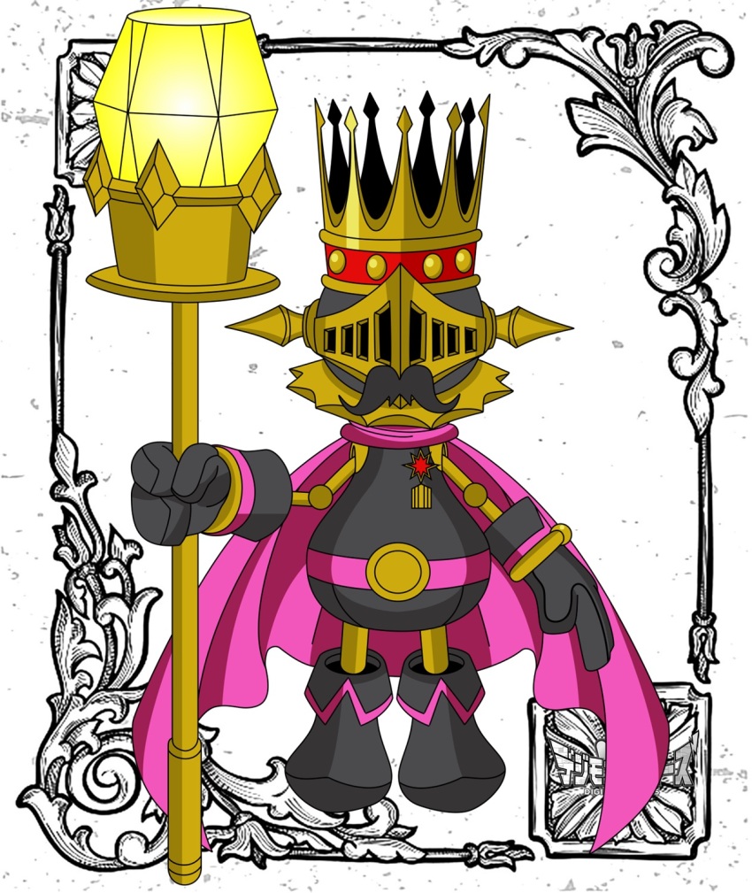 1boy cape crown digimon digimon_(creature) facial_hair highres kingchessmon male_focus mustache original solo staff