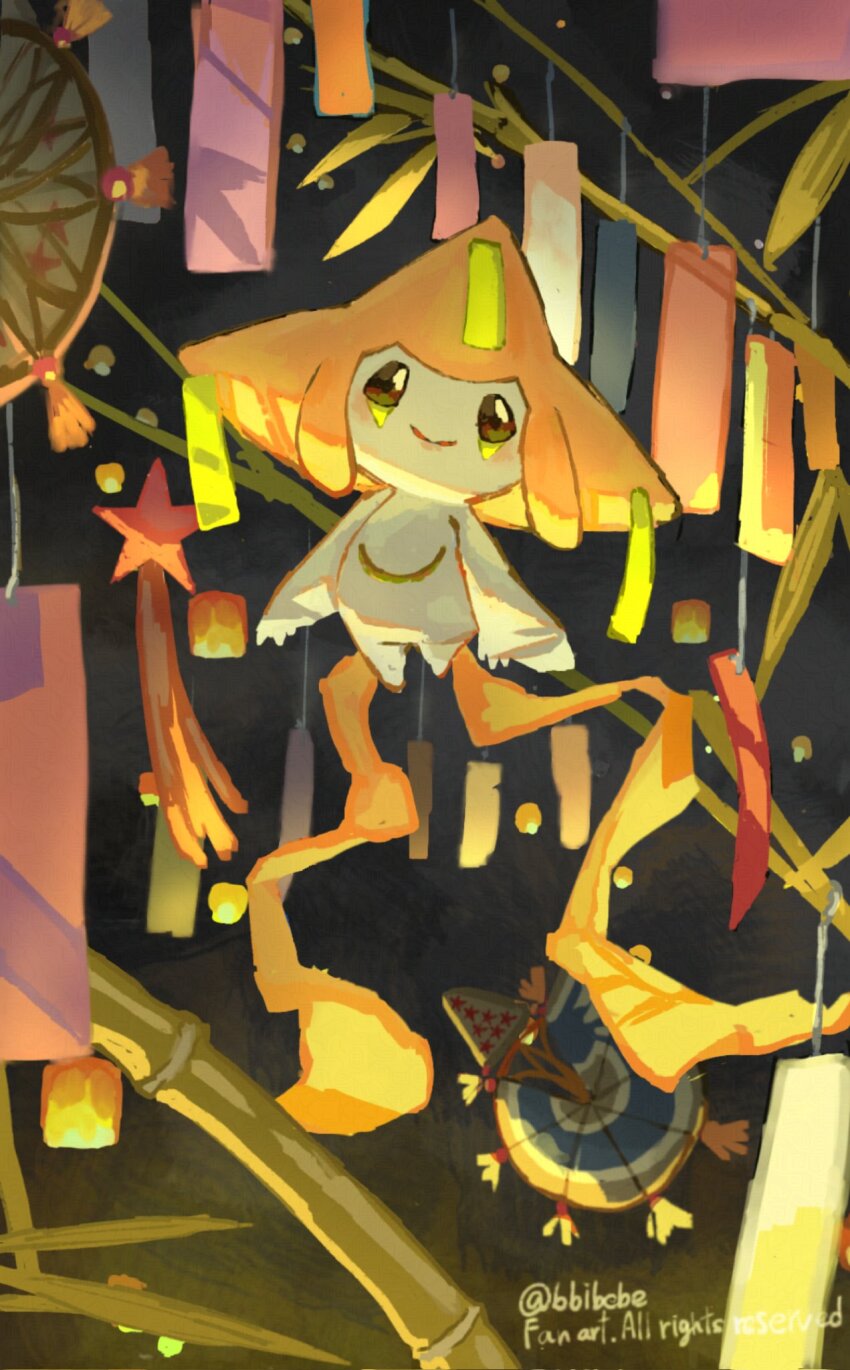 bamboo bbibebe closed_mouth colored_skin commentary floating full_body gen_3_pokemon highres jirachi lantern legendary_pokemon mythical_pokemon night nintendo no_humans outdoors paper_lantern pokemon pokemon_(creature) sky_lantern smile solo star_(symbol) tanabata tanzaku white_skin