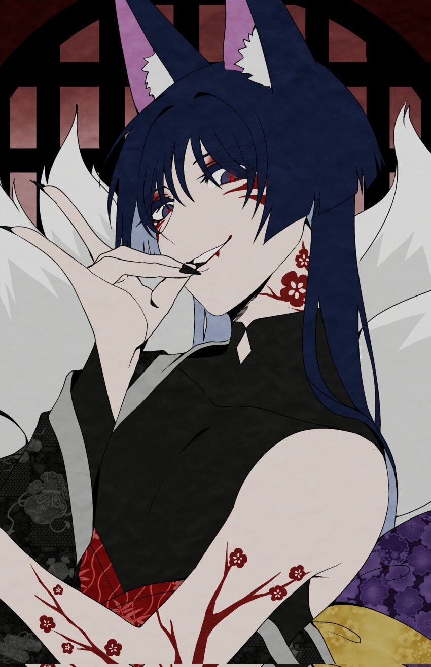 1boy alternate_costume alternate_hair_length alternate_hairstyle alternate_species animal_ear_fluff animal_ears arm_markings black_bodysuit black_eyes black_hair black_kimono black_nails blunt_ends bodysuit colored_inner_hair covered_collarbone dlgodls0731 eyeliner eyeshadow facial_mark fingernails floral_print floral_print_kimono fox_boy fox_ears fox_shadow_puppet fox_tail genshin_impact glowing_pupils grey_hair hand_up highres indoors japanese_clothes kimono kitsune layered_kimono long_hair looking_at_viewer makeup male_focus mandarin_collar multicolored_hair multiple_tails open_mouth print_kimono red_eyeliner red_eyeshadow red_pupils scaramouche_(genshin_impact) sharp_fingernails single_off_shoulder solo tail upper_body white_mouth white_tail