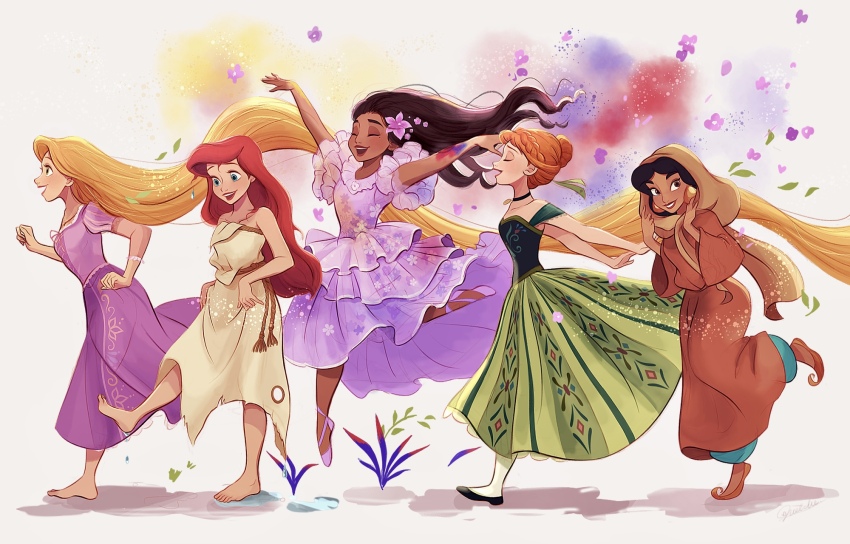 5girls aladdin_(movie) anna_(frozen) ariel_(disney) barefoot black_hair black_shirt blonde_hair blue_eyes closed_eyes crossover dress encanto flower frozen_(disney) green_skirt hair_flower hair_ornament highres isabela_madrigal jasmine_(disney) long_hair melchencanto multiple_girls open_mouth orange_dress orange_hair pink_dress pink_flower rapunzel_(disney) red_hair shirt skirt sleeveless sleeveless_shirt tangled the_little_mermaid_(disney) updo very_long_hair