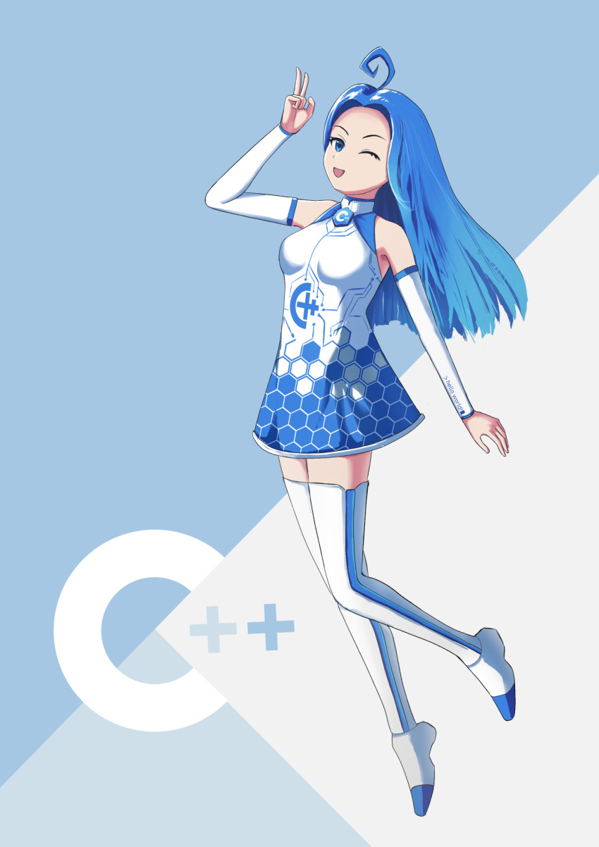 1girl ahoge blue_eyes blue_hair breasts c++_(programming_language) detached_sleeves dress forehead full_body hexagon highres humanization long_hair one_eye_closed open_mouth original personification programming simple_background small_breasts smile solo tamthanh21 thighhighs v white_thighhighs zettai_ryouiki