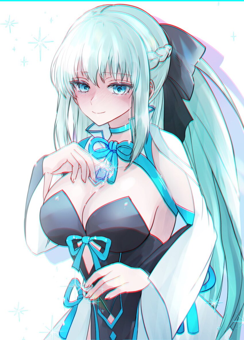 1girl black_bow black_dress blue_eyes blush bow braid breasts cleavage dress fate/grand_order fate_(series) grey_hair hair_bow highres large_breasts long_hair long_sleeves looking_at_viewer morgan_le_fay_(fate) morgan_le_fay_(first_ascension)_(fate) ponytail satou_nui sidelocks smile solo two-tone_dress very_long_hair white_dress wide_sleeves