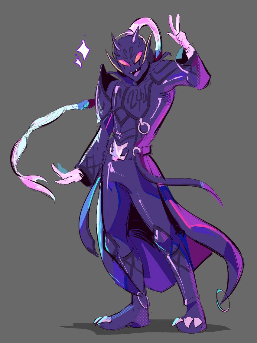 1boy absurdres armor chastisedhorns coat dragon fangs gloves headphones highres kamen_rider kamen_rider_den-o_(series) long_hair male_focus monster monster_boy ponytail purple_armor red_eyes ryutaros sparkle v white_gloves