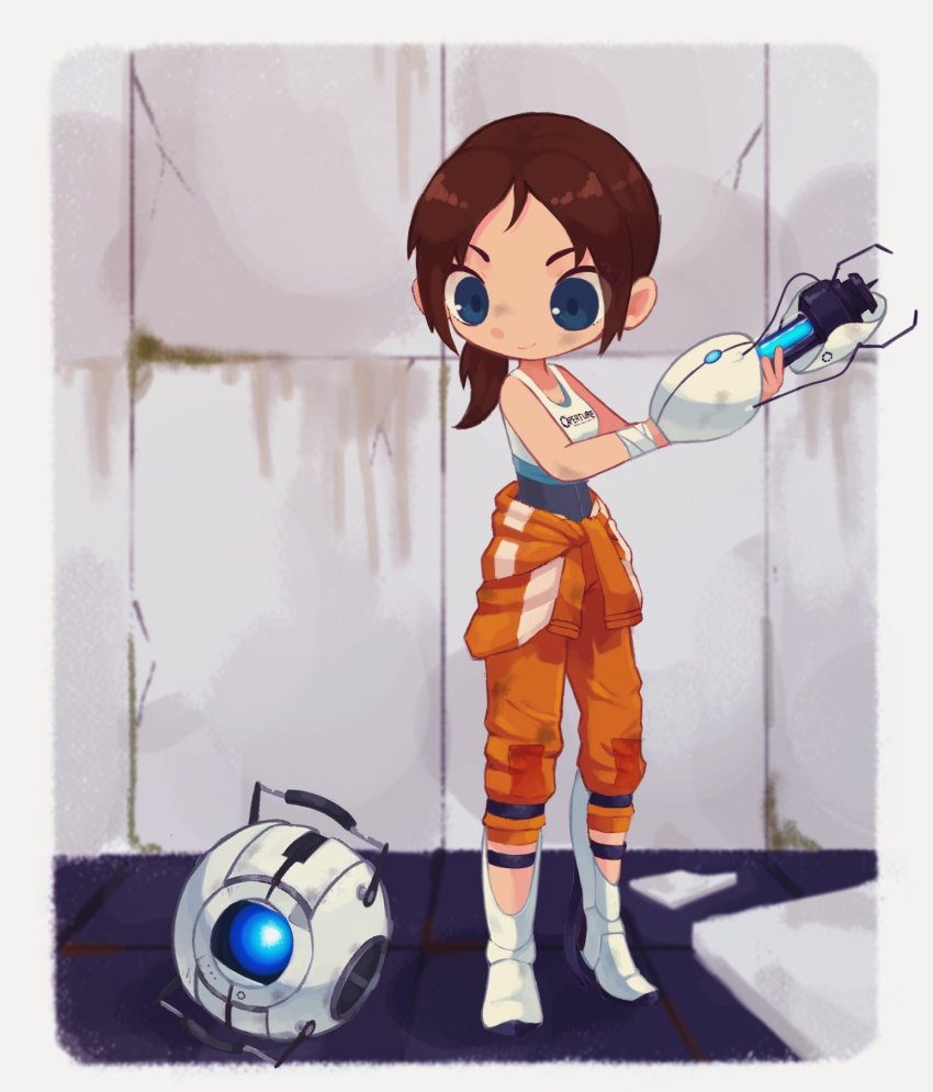 1girl aperture_science_handheld_portal_device bandaged_wrist bandages blue_eyes brown_hair chell closed_mouth dirty dirty_face highres holding jumpsuit jumpsuit_around_waist masyu_ori orange_jumpsuit ponytail portal portal_(series) portal_2 ruins shirt sleeveless sleeveless_shirt smile wheatley white_shirt