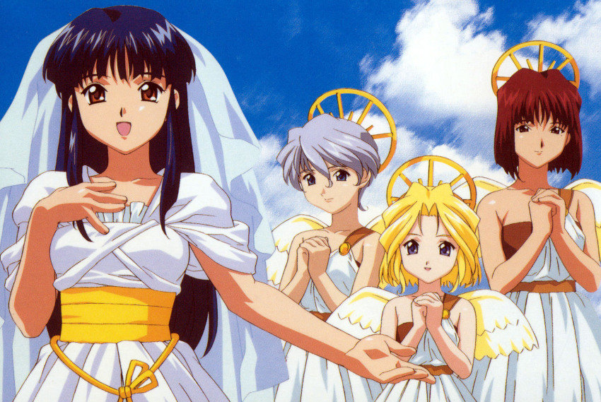4girls angel angel_wings artist_request bare_shoulders blonde_eyebrows blonde_hair blue_eyes blue_hair blue_sky bob_cut brown_eyes brown_eyeshadow brown_hair buttons child closed_mouth cloud cloudy_sky collarbone costume dark_blue_hair fake_halo fake_wings gold_buttons grey_eyebrows grey_hair hair_between_eyes hair_down halo highres iris_chateaubriand kanzaki_sumire knot long_hair long_sidelocks long_sleeves multiple_girls music neck official_art open_mouth own_hands_together parted_bangs parted_lips reni_milchstrasse sakura_taisen sakura_taisen_ii sega shinguuji_sakura short_sleeves sidelocks simple_background singing single_strap sky standing upper_body veil white_sleeves white_veil wings yellow_wings