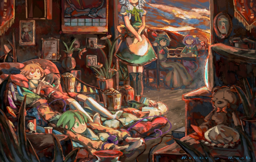 5girls absurdres aqua_shirt artist_name ascot buttons chinese_commentary closed_mouth collared_shirt colonel_sanders colored_eyelashes commentary_request flandre_scarlet green_eyes green_hair green_skirt green_vest grey_hair grey_hat grey_shirt grey_skirt hair_ornament handheld_game_console hat heart heart_button heart_hair_ornament highres izayoi_sakuya kfc komeiji_koishi komeiji_satori long_skirt long_sleeves muddy_mood multiple_girls neck_ribbon open_mouth orange_hair plant playing_games pleated_skirt portrait_(object) potted_plant purple_hair red_ascot red_eyes red_ribbon red_shorts red_vest remilia_scarlet ribbon shirt short_hair short_sleeves shorts skirt skirt_set smile stuffed_animal stuffed_toy teddy_bear third_eye touhou unworn_hat unworn_headwear vest white_ascot wings yellow_shirt
