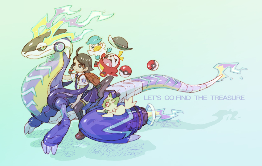1girl backpack bag black_socks braid brown_eyes brown_footwear brown_hair collared_shirt commentary_request fuecoco hat juliana_(pokemon) miraidon nakayama_tooru necktie nintendo poke_ball pokemon pokemon_(creature) pokemon_sv purple_necktie purple_skirt quaxly riding riding_pokemon school_uniform shirt shoes simple_background skirt socks sprigatito thighhighs uva_academy_school_uniform