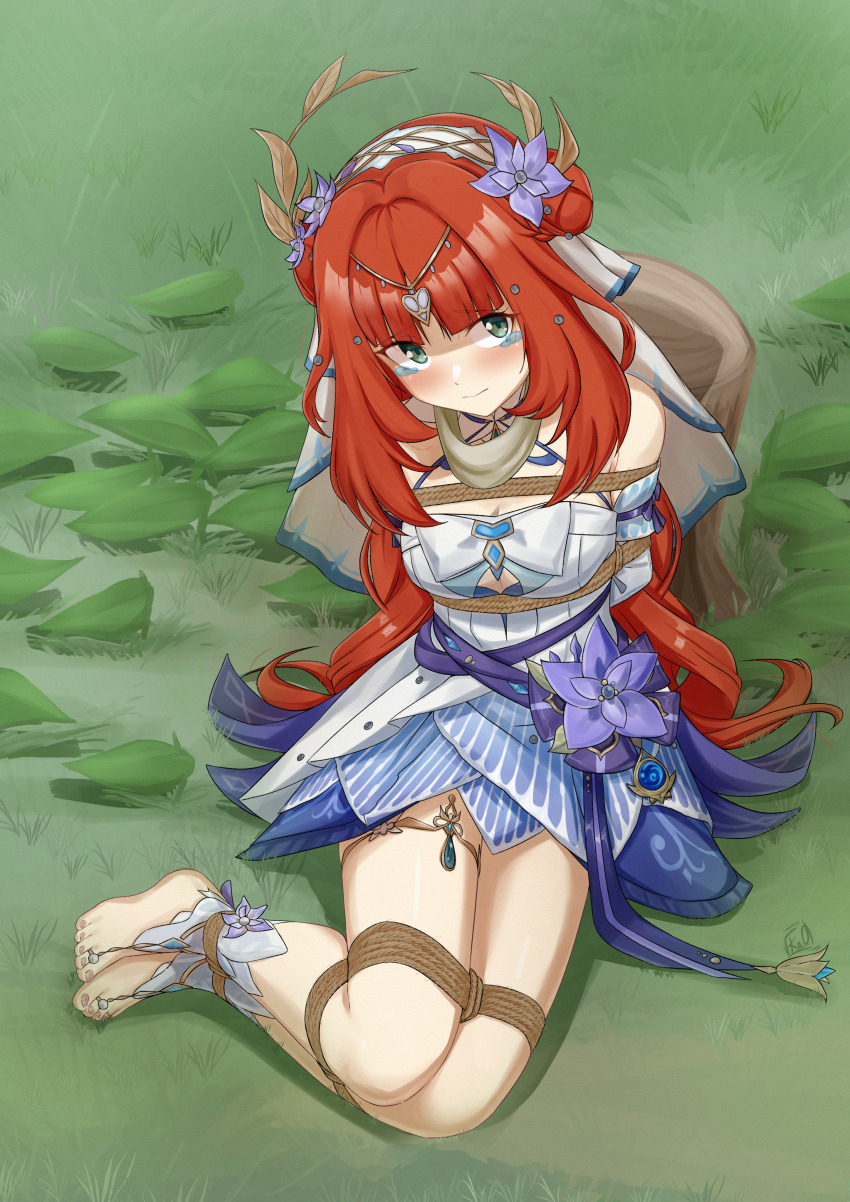 1girl absurdres arms_behind_back bare_legs bare_shoulders barefoot bdsm blunt_bangs blush bondage bound bound_ankles bound_arms bound_legs breasts cleavage commentary commission english_commentary flower gag gag_around_neck genshin_impact grass green_eyes hair_flower hair_ornament hairband highres looking_at_viewer medium_breasts medium_hair nilou_(breeze_of_sabaa)_(genshin_impact) nilou_(genshin_impact) official_alternate_costume outdoors purple_flower purple_sash red_hair rope sash shibari sitting solo tears thighs tied_up_(nonsexual) unworn_gag vakaosciosa white_hairband yokozuwari