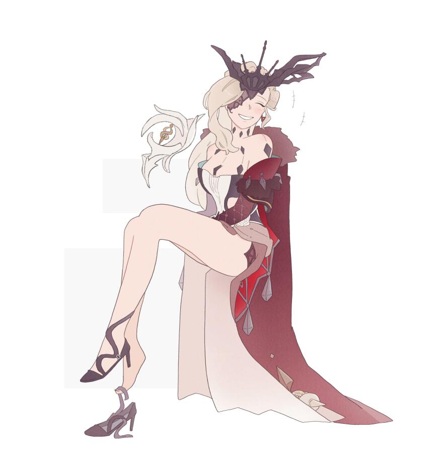 1girl ;) absurdres anni_(556_an) bare_shoulders black_footwear black_gloves black_mask blonde_hair breasts cape cleavage delusion_(genshin_impact) dress earrings elbow_gloves fishnet_gloves fishnets fur_trim genshin_impact gloves high_heels highres jewelry lace-trimmed_eyepatch large_breasts long_hair mask mask_over_one_eye one_eye_closed one_eye_covered red_cape signora_(genshin_impact) single_earring sitting smile solo strapless strapless_dress third-party_source