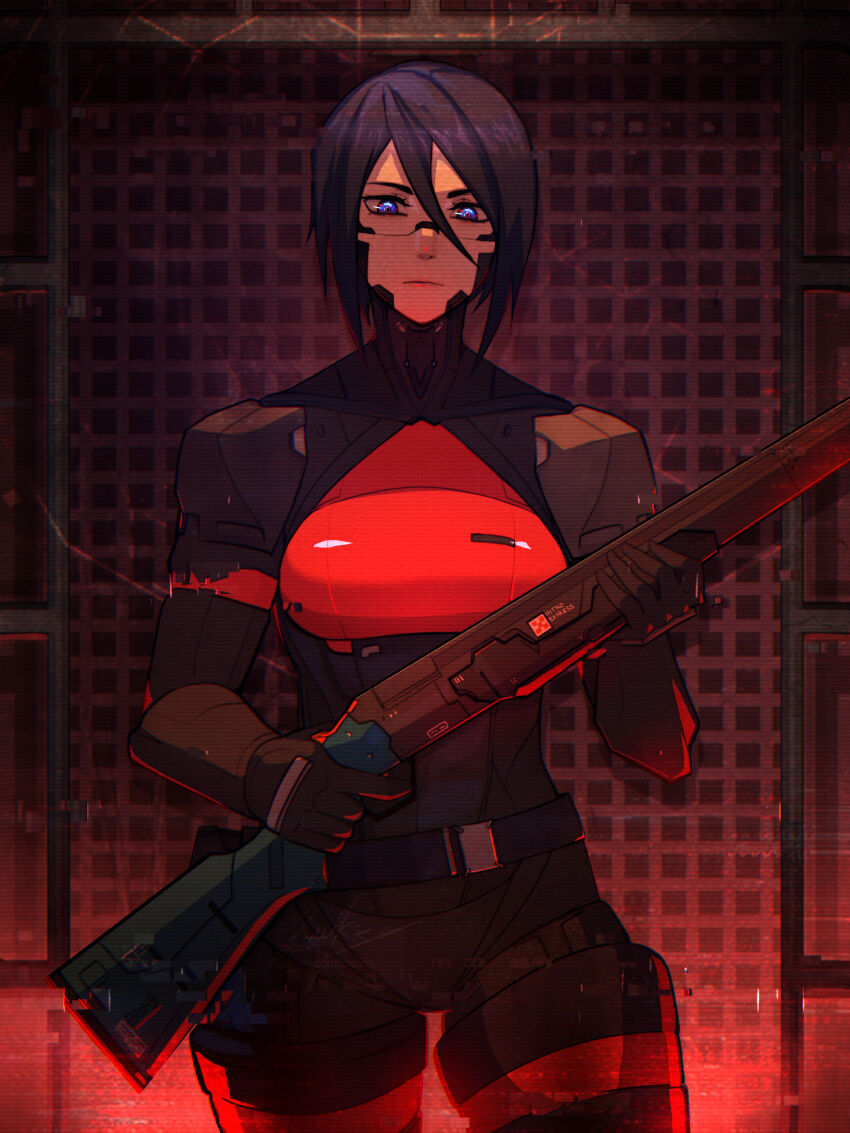 1girl absurdres android anti-materiel_rifle armor black_hair blue_eyes breastplate breasts bw-5_nitro_express commentary double-barreled_rifle elephant_gun elster_(signalis) english_commentary expressionless gun hair_between_eyes highres holding holding_gun holding_weapon joints medium_breasts metal_skin multiple-barrel_gun over-and-under-barreled_rifle rifle robot_girl robot_joints short_hair signalis sniper_rifle solo spacecraft_interior weapon xuuikie_ashe