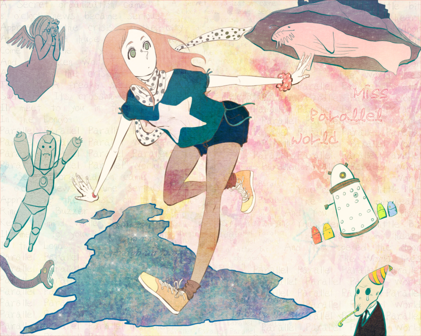 1970s_(style) 1girl amy_pond angel bad_id bad_pixiv_id brown_thighhighs crying crying_with_eyes_open cybermen cyborg dalek doctor_who english_text full_body green_eyes long_hair looking_to_the_side neckerchief oldschool outstretched_arms pantyhose prisoner_zero red_hair retro_artstyle robot running scarf shinoka shoes shorts sneakers socks socks_over_pantyhose star_(symbol) tears the_silence thighhighs weeping_angel