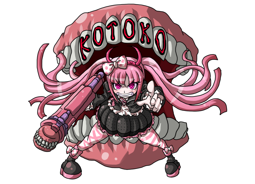 1girl ankle_boots black_boots black_jacket black_skirt boots bow character_name child danganronpa_(series) danganronpa_another_episode:_ultra_despair_girls dentures english_text eyelashes fake_horns fake_teeth fangs female_focus full_body headband highres holding holding_weapon horned_headwear horns jacket long_sleeves looking_at_viewer multicolored_bow multicolored_skirt neck_ribbon open_mouth parted_bangs pink_bow pink_eyes pink_hair pink_headband pink_headwear pink_horns pink_ribbon pink_skirt pink_thighhighs pink_trim pointing pointing_at_viewer polka_dot polka_dot_bow ribbon shirt simple_background skirt solo spread_legs standing teeth thighhighs twintails utsugi_kotoko weapon white_background white_bow white_shirt