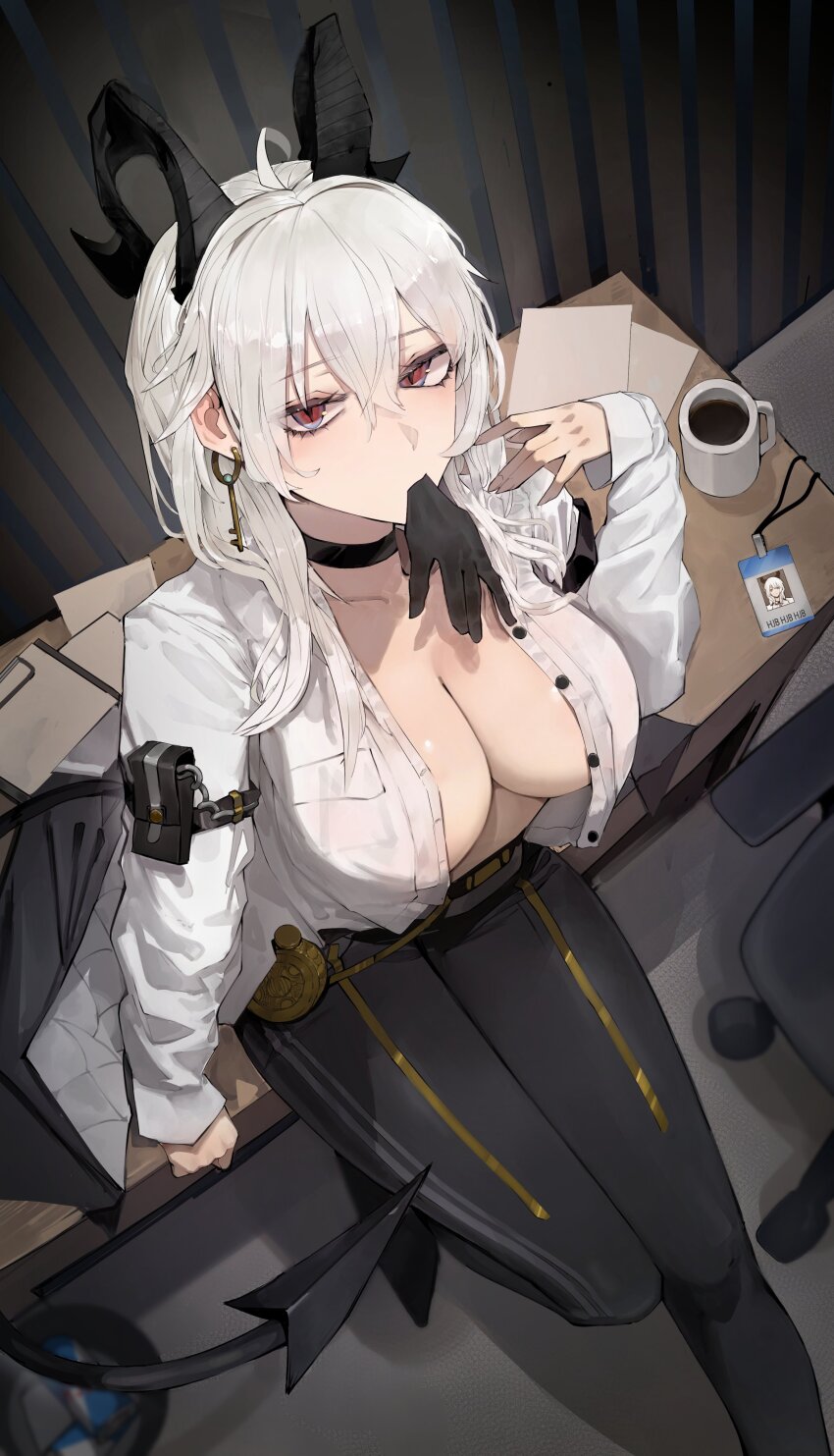 1girl absurdres ahoge arm_pouch armband black_armband black_choker black_gloves black_horns black_jacket black_pants black_pouch black_tail breasts choker collarbone commentary curled_horns demon_tail desk earrings english_commentary from_above gloves hair_between_eyes hand_up high-waist_pants highres horns huinjebi id_card jacket jewelry key_earrings lanyard large_breasts long_hair looking_at_viewer mouth_hold no_bra on_desk open_clothes open_shirt pants paper red_eyes shirt sitting solo tail tight_clothes tight_pants untucked_shirt unworn_lanyard white_hair white_shirt wuthering_waves zani_(wuthering_waves)
